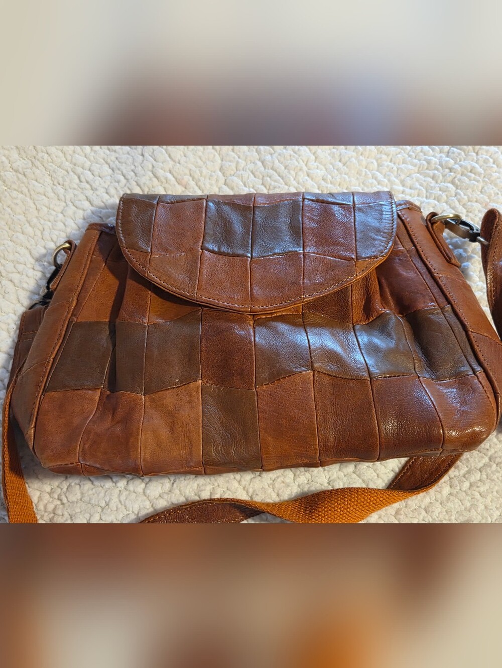 Woven Patchwork 100% Leather Crossbody Bag - Brown Two-Tone Modcloth
